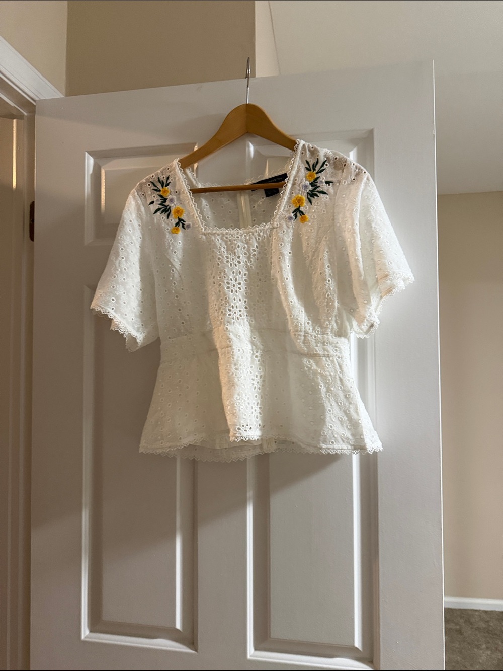 French Connection White Eyelet Peplum Blouse with Yellow Floral Embroidery